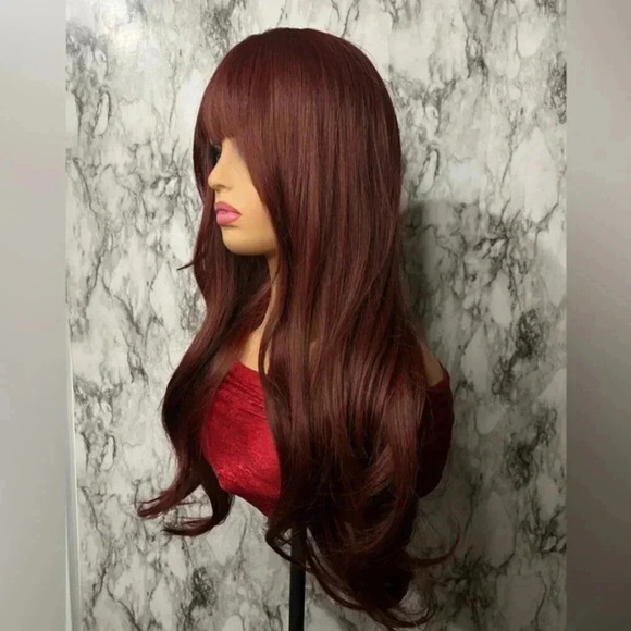 28 Inch Burgundy Long Wavy Wig with Bangs - Picture 4 of 7